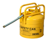 The 1215Y yellow D.O.T Type II Safety Fuel Can holds 5 gallons of fuel. It has an outer diameter of 7/8" with flex spout.